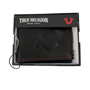 New Mens True Religion Bi-Fold Leather Black Wallet RFID Protection NIB